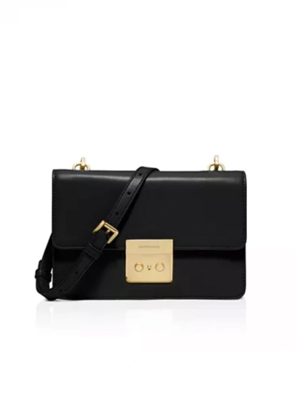 Michael Kors Black Leather Push Lock Flap Crossbody Bag Gold Hardware